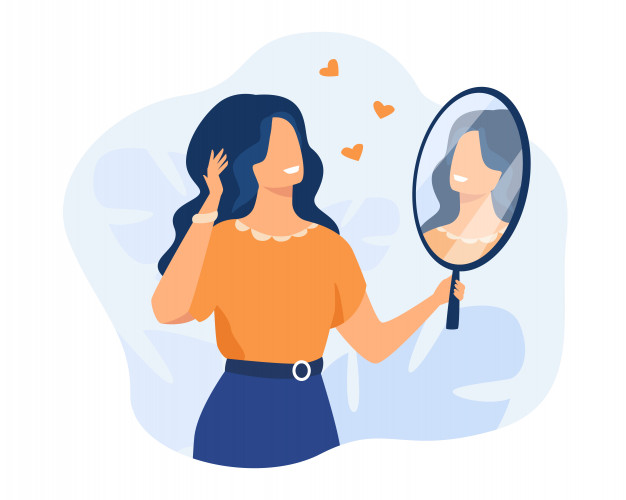 A female looking at herself in the mirror illustration
